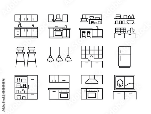 Minimalist Kitchen Icons. Kitchen Interiors. Line icon set of Ki