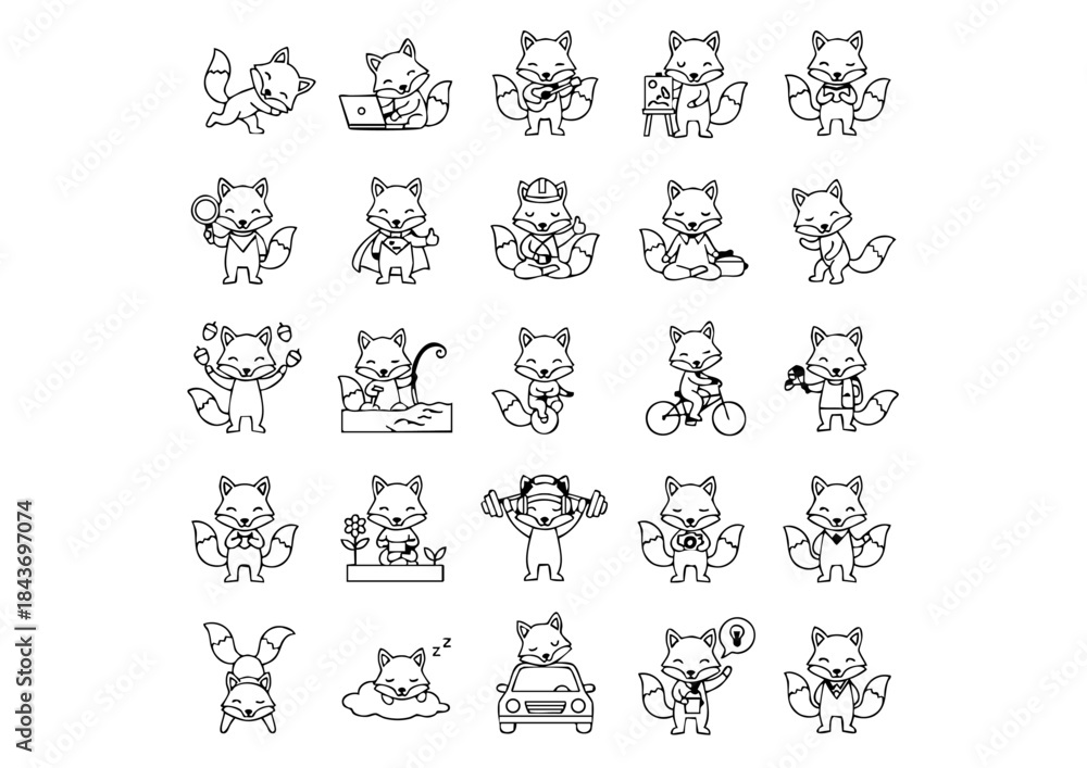 Naklejka premium Clever Fox Icon Set: 25 Black & White Vector Activities, Minimalist Fox Character Graphics: Action Outline Pack, Vector Red Fox Activity Icons: Diverse Black Line Art