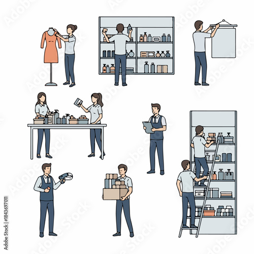 Retail Operations Set: Staff Merchandising, Stocking Shelves, Inventory Control, and Visual Display Duties in a Shop Environment.