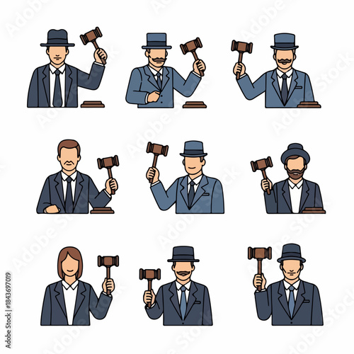 Diverse Set of Auctioneer or Judge Icons Holding Gavels in Business Suits, Vector Line Art Collection.