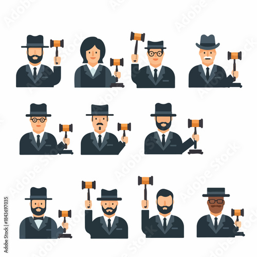 Flat design vector avatars of diverse auctioneers, judges, or legal professionals holding gavels, illustrating concepts of law, justice, and business auction.