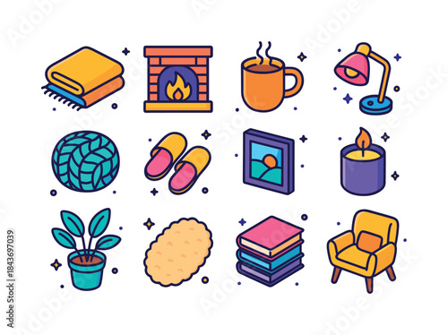 Cozy Living Room Icons. cozy living room. Colorful isometric vec