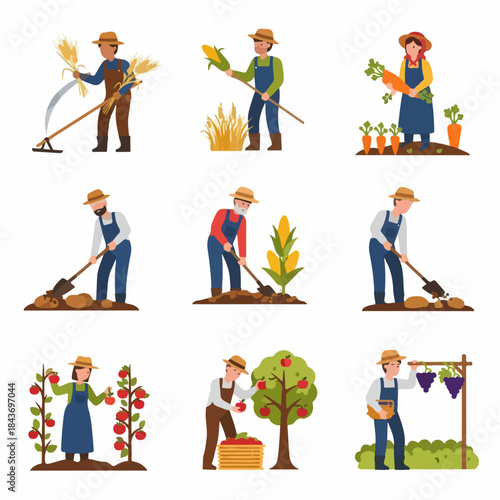 Flat design illustrations showing farmers harvesting diverse crops: wheat, corn, carrots, potatoes, tomatoes, apples, and grapes. Agriculture icons set.