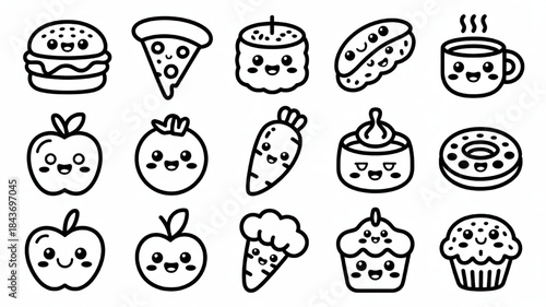 Kawaii food icons collection cute hand drawn vector illustrations of popular snacks and meals perfect for childrens designs and playful branding
