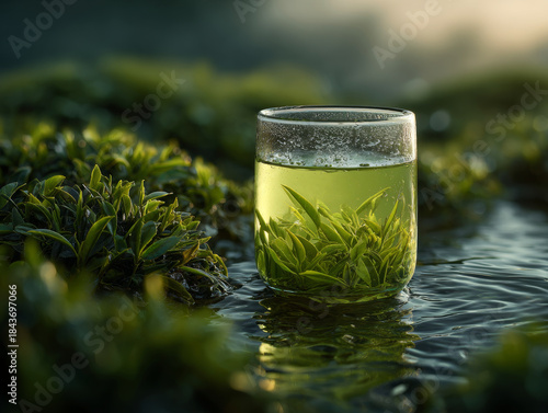 Clear glass of vibrant green tea leaves steeped in tranquil water, surrounded by abundant green tea bushes, reflecting nature's freshness