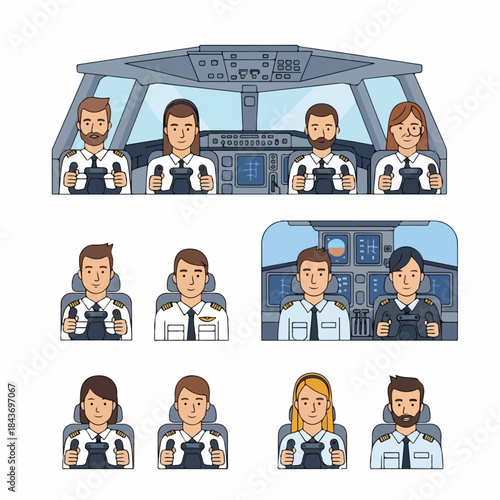 Set of vector illustrations featuring diverse commercial airline pilots (male and female) in uniform operating aircraft controls inside the cockpit.