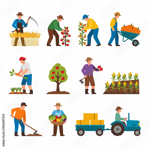 Modern Flat Design Vector Set of Farmers Working on the Farm, Cultivating, Harvesting Diverse Vegetables and Grains.