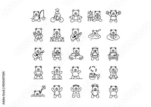 25 Black & White Bear Icons: Activity Vector Set, Minimalist Bear Action Line Art Collection,Cute Bear Character Graphics: Diverse Activity Pack