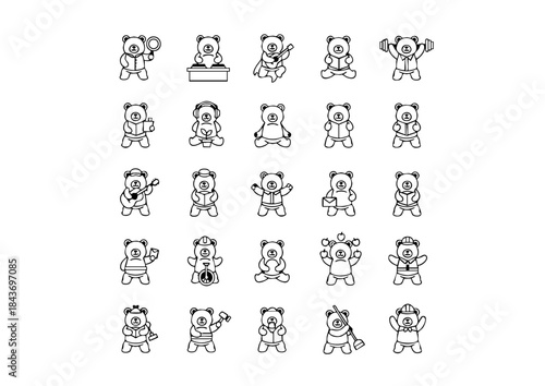 25 Black & White Bear Icons: Activity Vector Set, Minimalist Bear Action Line Art Collection,Cute Bear Character Graphics: Diverse Activity Pack