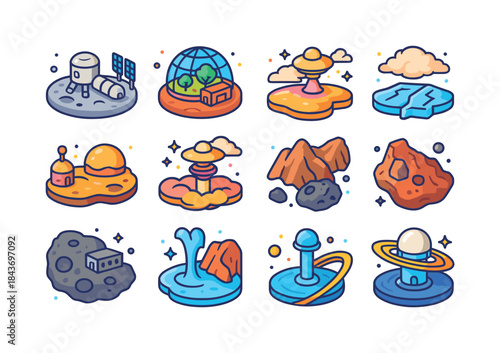 Extraterrestrial Icons Set. Extraterrestrial destinations. Color