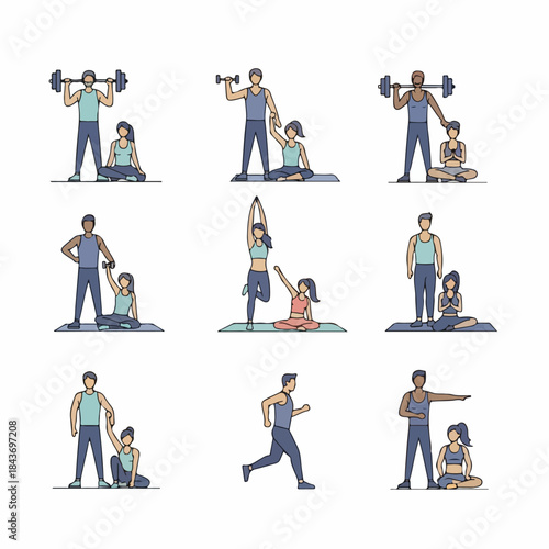 Fitness and Exercise Icons Set: Illustrations of couples and individuals performing weightlifting, yoga, running, and physical training routines.