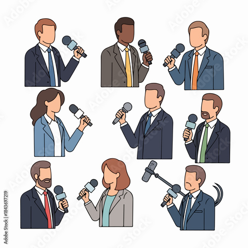 Outline illustration set of diverse journalists and reporters holding microphones, representing media, news coverage, press conferences, and communication professionals.