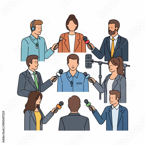 Outline vector illustration of a press conference or media interview with reporters surrounding a spokesperson, symbolizing journalism, communication, and public relations.