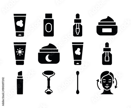 Skincare Routine Icons. Skincare routine. Solid icon set of skin