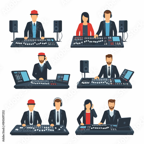 Vector set of sound engineers, music producers, and broadcasters working with professional mixing consoles, audio mixers, and studio equipment.
