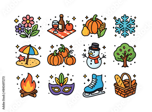 Festive Seasons Icons. Seasonal festivities. Colorful isometric