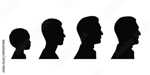 Human Growth Stages Profile Silhouette Illustration. Male Aging Process Side Profile Silhouette Set