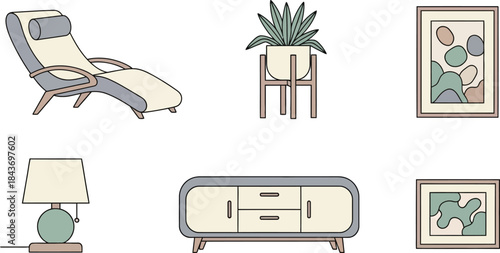 Collection of modern and midcentury style home furniture and decor elements chaise lounge, potted plant, sideboard, table lamp, and abstract framed art, isolated on white background