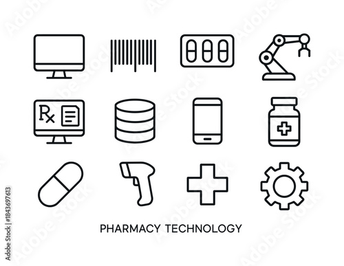 Pharmacy Tech Icons. Pharmacy technology. Line icon set of pharm