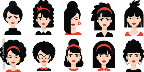 Collection of diverse female cartoon avatars showcasing various hairstyles and expressions