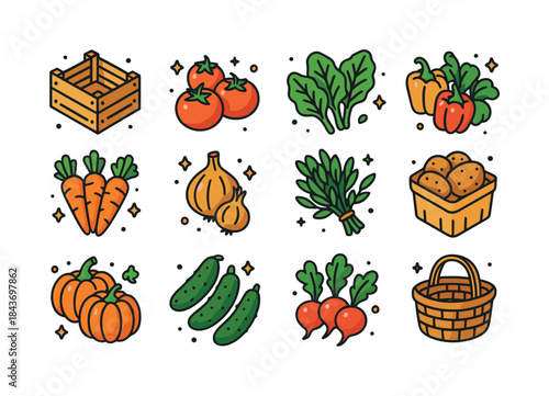 Colorful Vegetable Market Icons. vegetable market. Colorful isom
