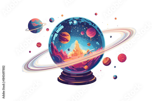 vibrant cartoon planet in a magic crystal ball with a ring and various colorful moons and asteroids, no background svg