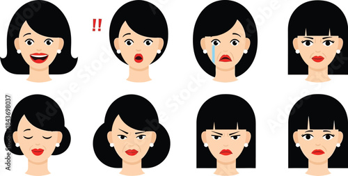 Eight distinct female facial expressions depicting a spectrum of human emotions	