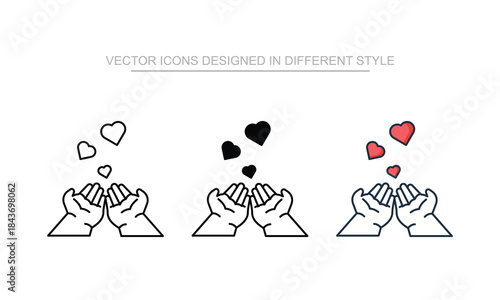 Hand Catch Heart icon set in different style with white background illustration