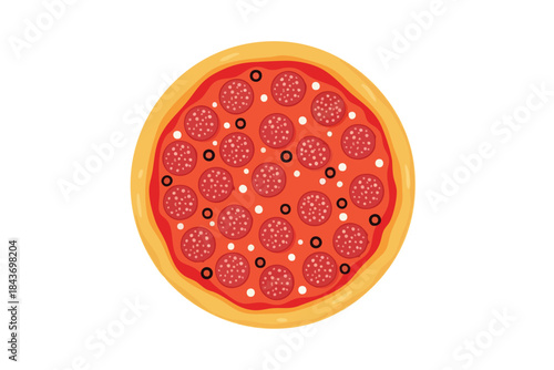 A cartoon pizza with pepperoni, olives, and a golden crust on a white background