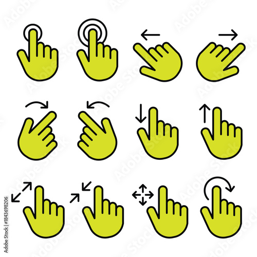 Collection of yellow hand icons demonstrating various touch and gesture controls