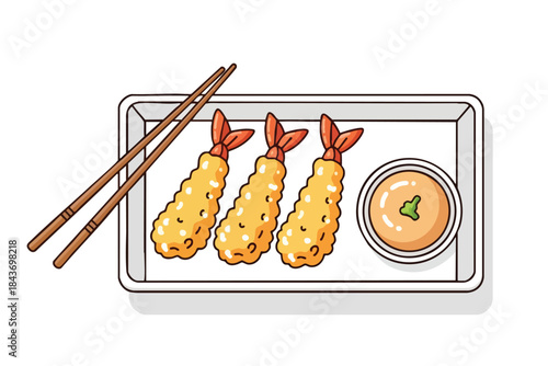 A plate of tempura shrimp with sauce and chopsticks on a white surface