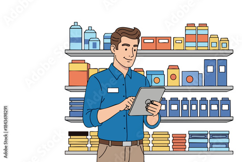 A person in a blue shirt with a tablet, shelves stocked with products