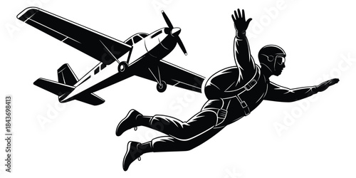 skydiving silhouette illustration showing a person jumping from an airplane, freefalling in open air, representing extreme sports, adventure, thrill, and outdoor activity in vector style.