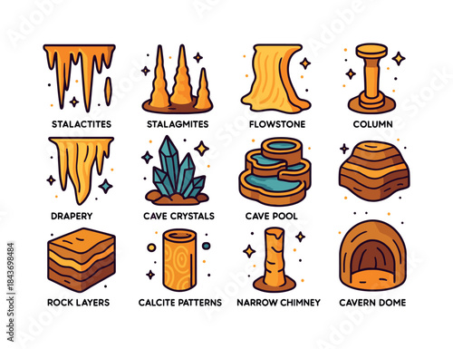 Colorful Cave Icons. Cave Formations. Colorful isometric vector