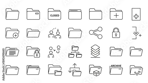 Black and White Folder Icons Collection Outline Symbols Vector Line Art Minimalist Storage Graphic Set
