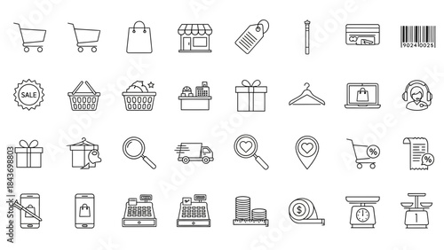 Retail E Commerce Shopping Icons Set Checkout Carts Gift Tags Payment Methods Online Store Outline
