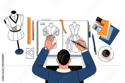 Illustration of a fashion designer sketching dress designs on a desk with tools