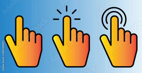 Three yellow hand icons demonstrating different pointing and touching actions