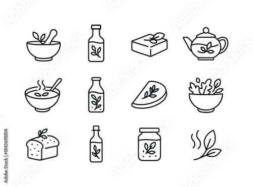 Herb Recipe Icons. Herb recipes. Line icon set of Herb recipes: