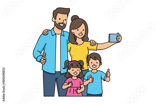 Cartoon family taking a selfie, smiling, and giving thumbs up