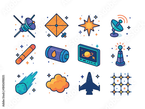 Space Mission Icons. deep space missions. Colorful isometric vec
