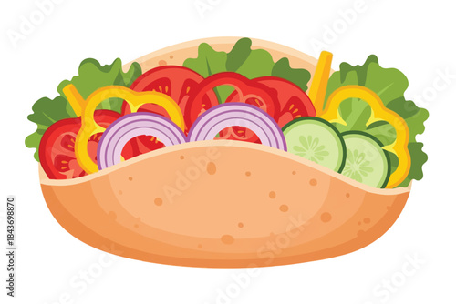 A filled pita pocket, illustrated with fresh vegetables