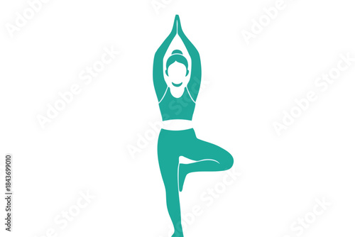 A teal figure in yoga pose on a white background, arms raised