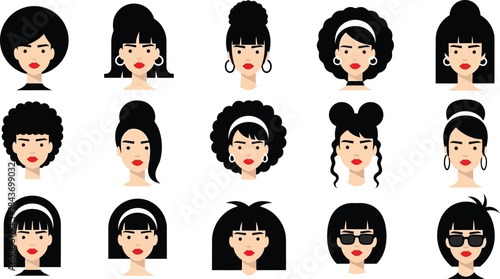 Collection of Diverse Female Avatars with Various Black Hairstyles and Expressions