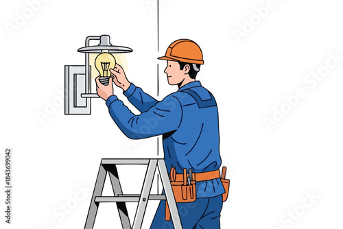 An electrician on a ladder replacing a light bulb in an outdoor lamp