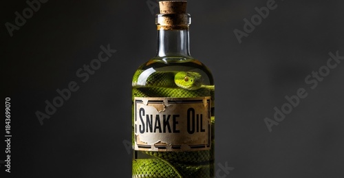 Bottle of snake oil with cucumbers inside on dark background