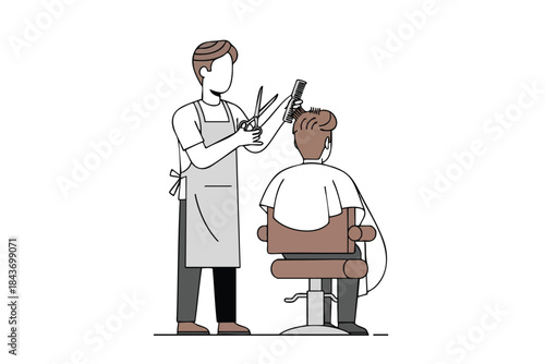 Illustration of a barber cutting hair, with a comb and scissors, client in a chair