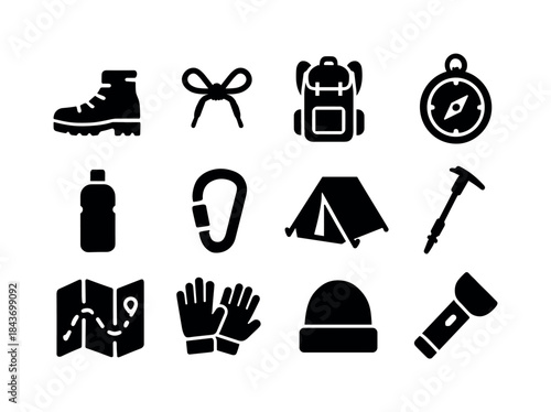 Outdoor Gear Icons. Outdoor gear. Solid icon set of outdoor gear