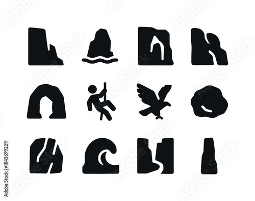 Cliff Icon Set. Cliffs. Solid icon set of Cliffs: steep cliff, s