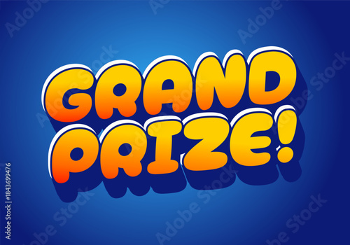 Colorful text design featuring the words Grand Prize! in bold, playful font on blue background